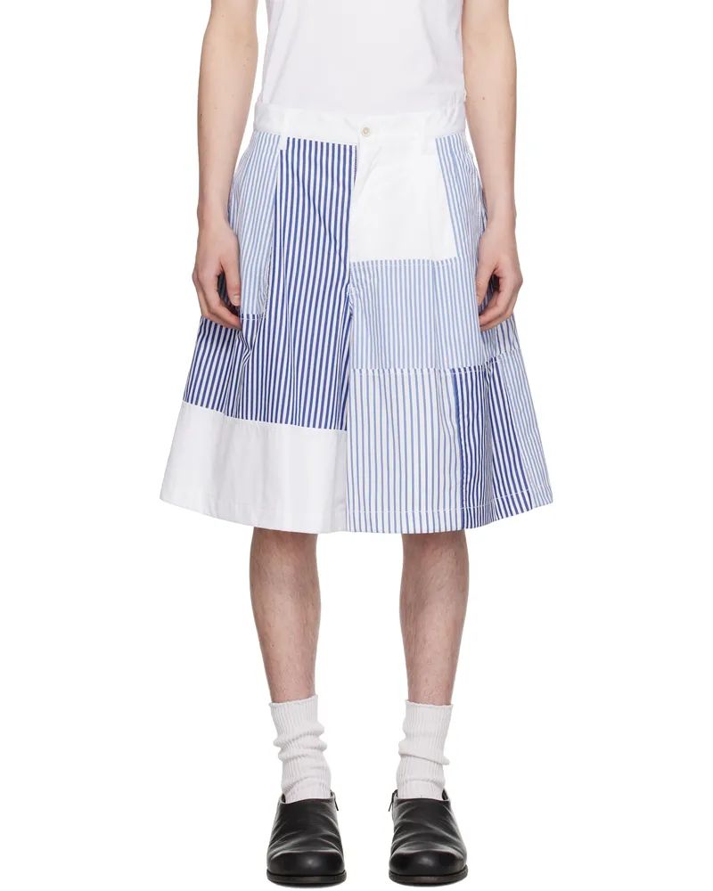 Comme des Garçons White & Navy Patchwork Striped Shorts 1