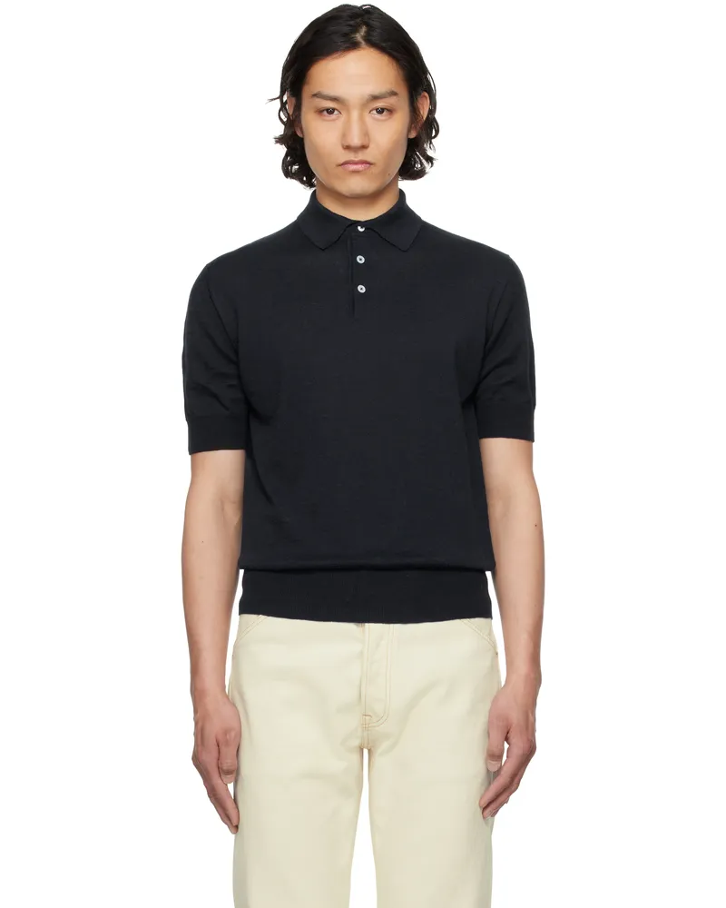 Drake's Drake Navy Knitted Linen-Cotton Short-Sleeve Polo 250