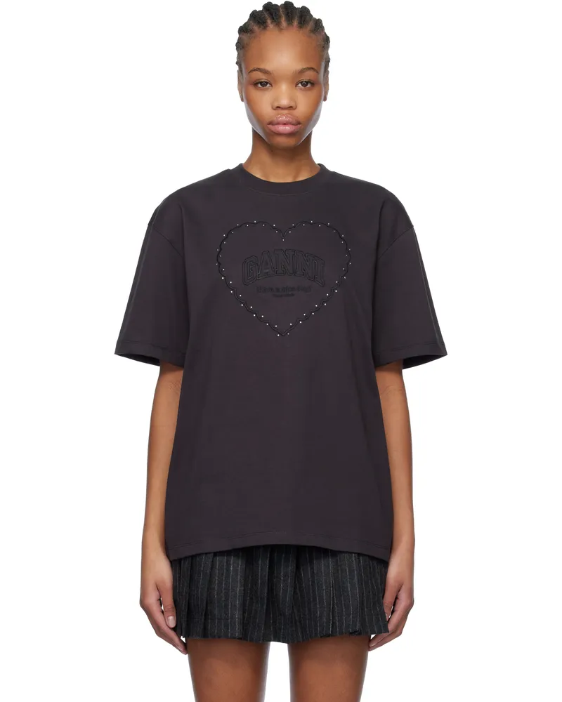 Ganni Black Heavy Cotton Drop Shoulder Heart T-shirt 252