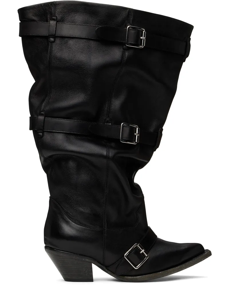 R13 Black Buckled-Up Slouch Cowboy Boots Black