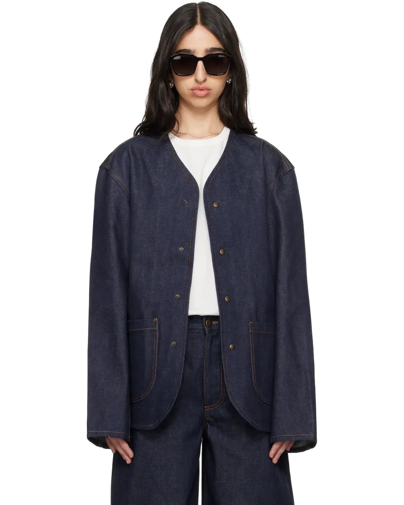 Meta Campania Collective Blue Leon Collarless Raw Denim Jacket Midnight