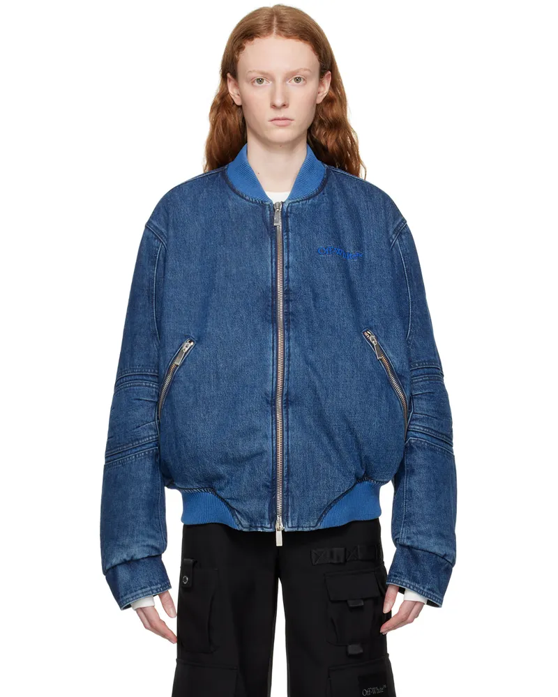 OFF-WHITE Blue Paneled Denim Bomber Jacket Blue