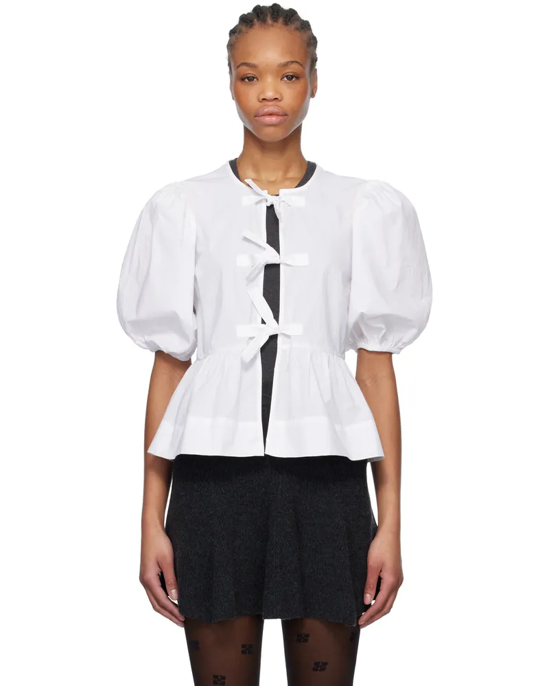 Ganni White Cotton Poplin Peplum Tie Blouse 151