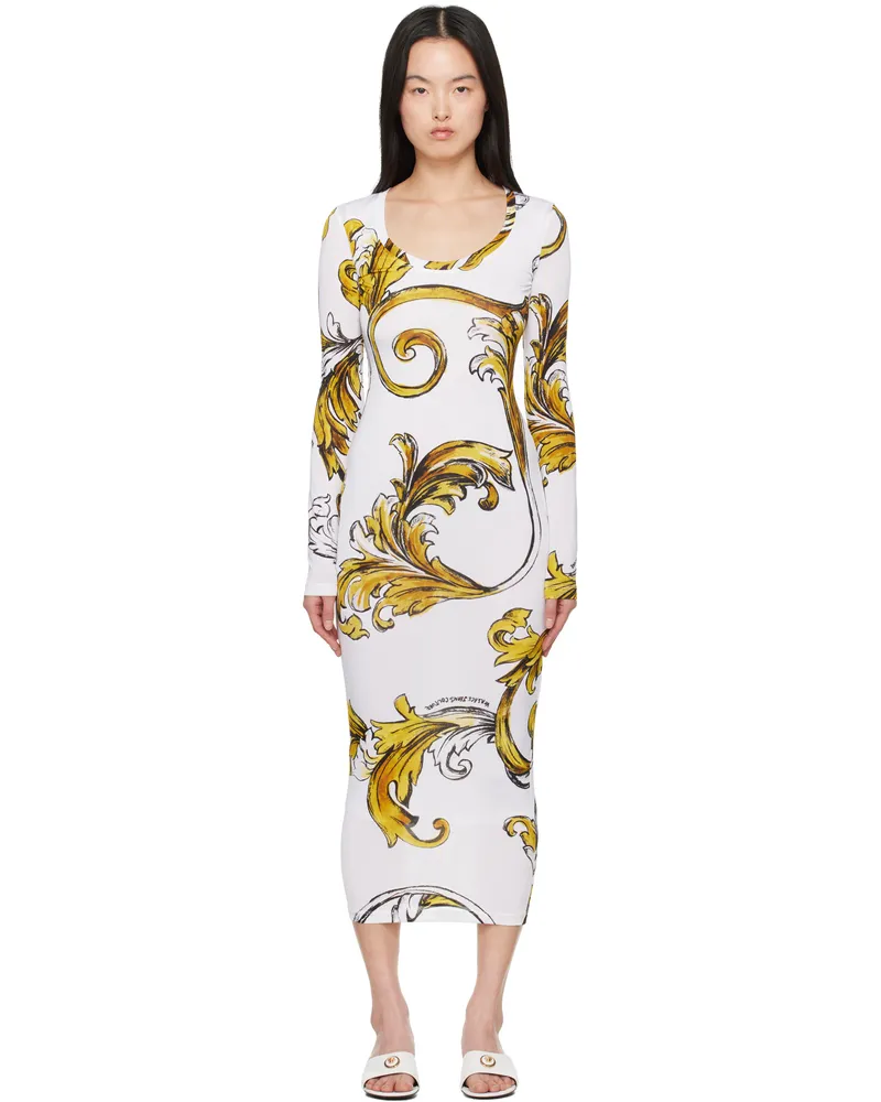 Versace Jeans White & Yellow Outline Barocco Midi Dress Eg03