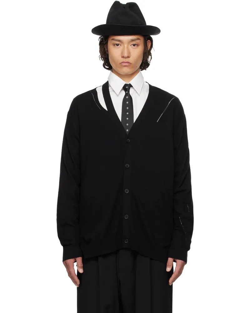 Yohji Yamamoto Black 12G2P Diagonal Shoulder Slit V Cardigan 2