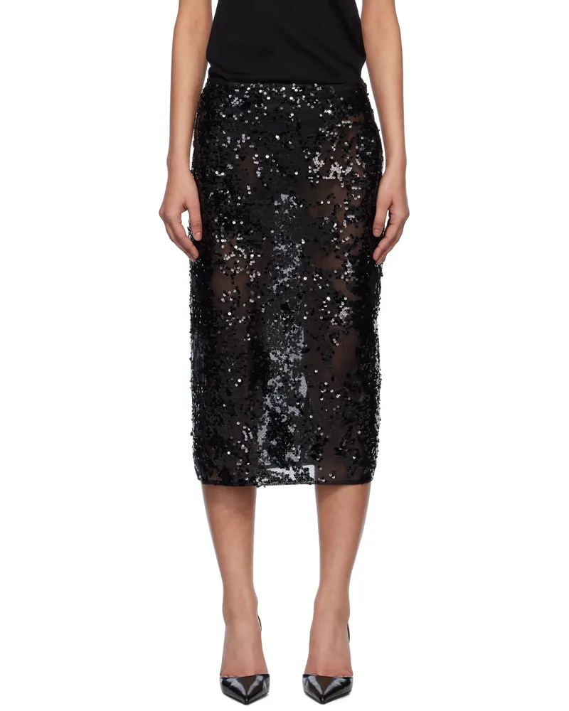Victoria Beckham Black Sheer Sequin Pencil Midi Skirt Black