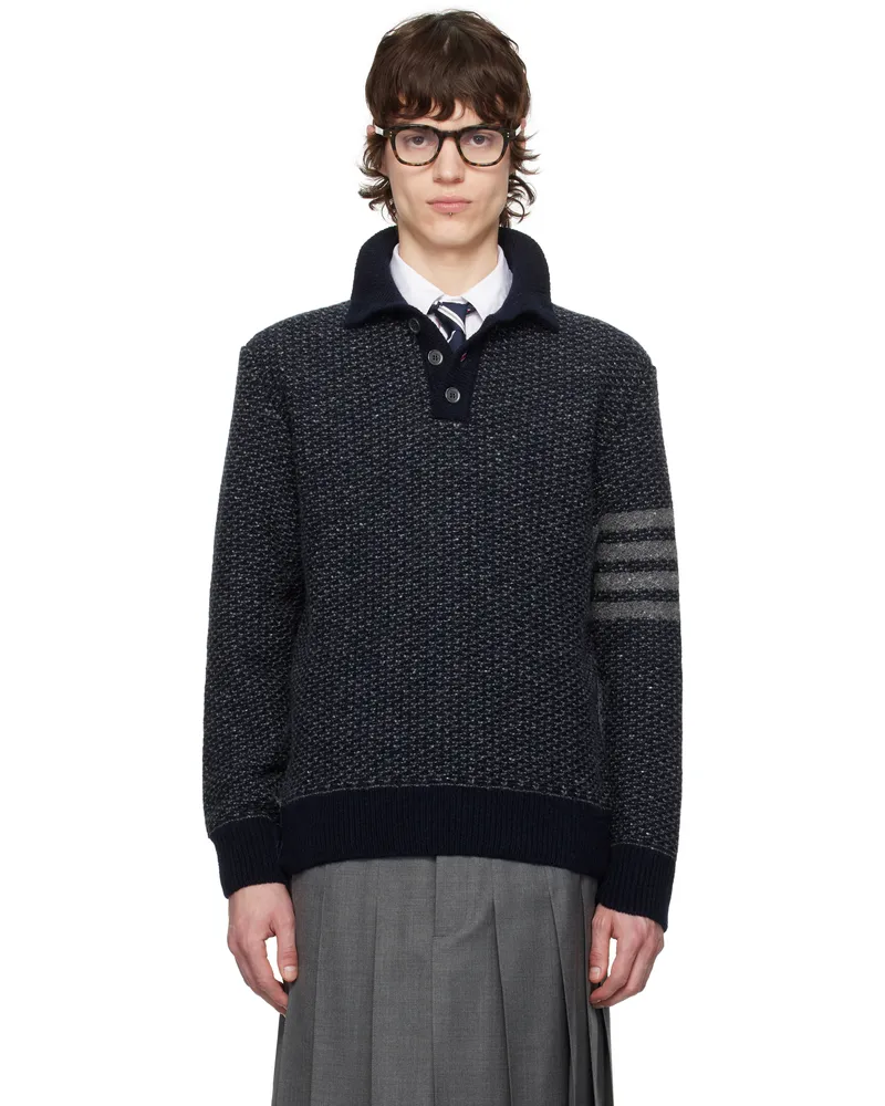 Thom Browne Navy Tweed Bar Stripe Polo 415
