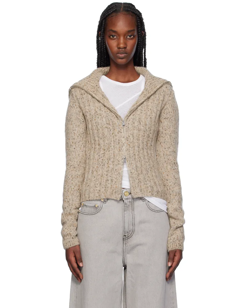 Ganni Beige Highneck Zip Cardigan 883