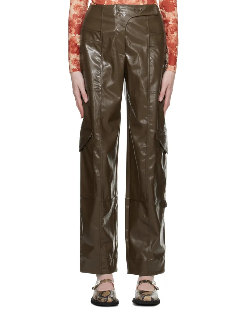 Ganni Brown Patent Faux-Leather Trousers 377