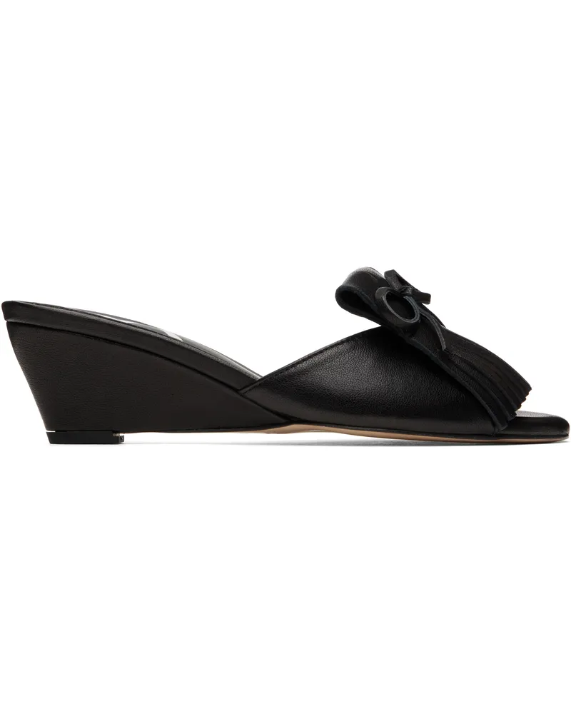 OPEN YY Black Fringe Wedge Mules Black