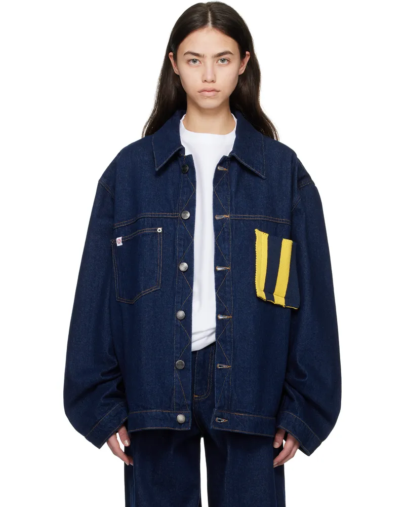 Charles Jeffrey Loverboy Navy Knit Patch Cargo Denim Jacket Indigo