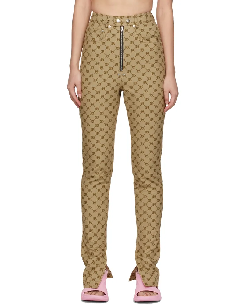 BONBOM Beige Monogram Slit Bottom Jeans Camel