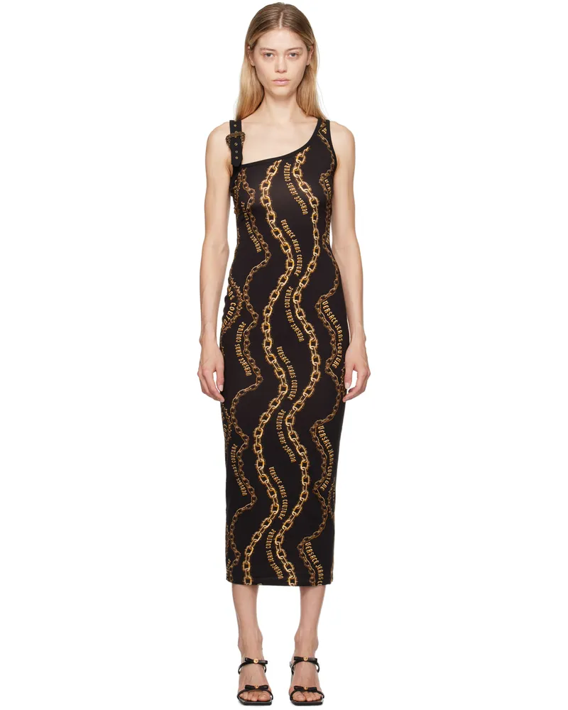 Versace Jeans Black & Gold Chain Couture Midi Dress Eg89