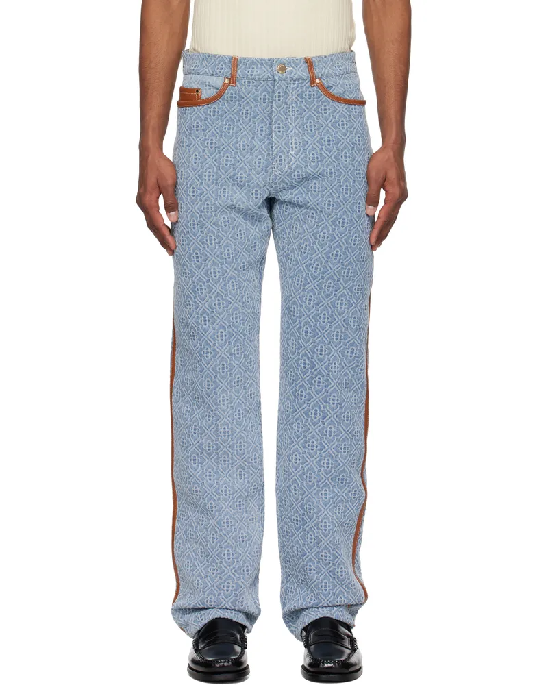 Casablanca Paris Blue Diamond Monogram Leather Trim Jeans Ltwashdenimmono
