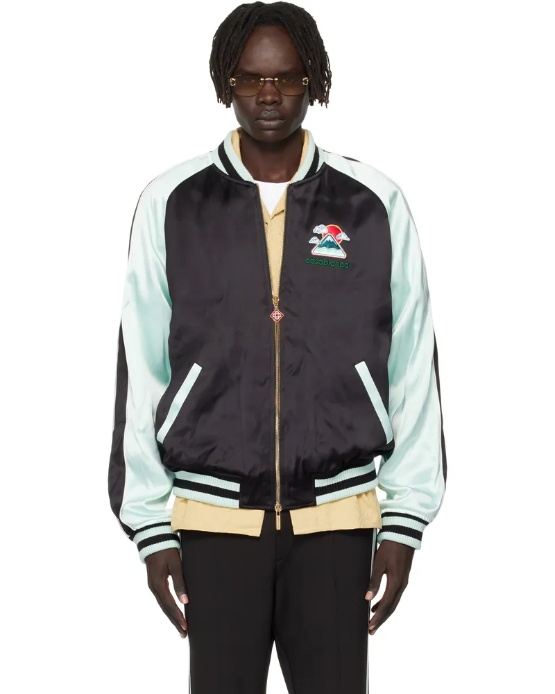 Casablanca Paris Green & Black Embroidered Satin Bomber Jacket Black