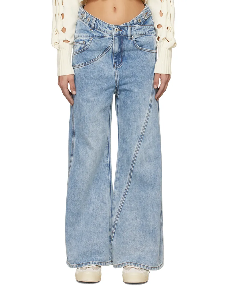 Feng Chen Wang Blue Cross Waistband Jeans Blue