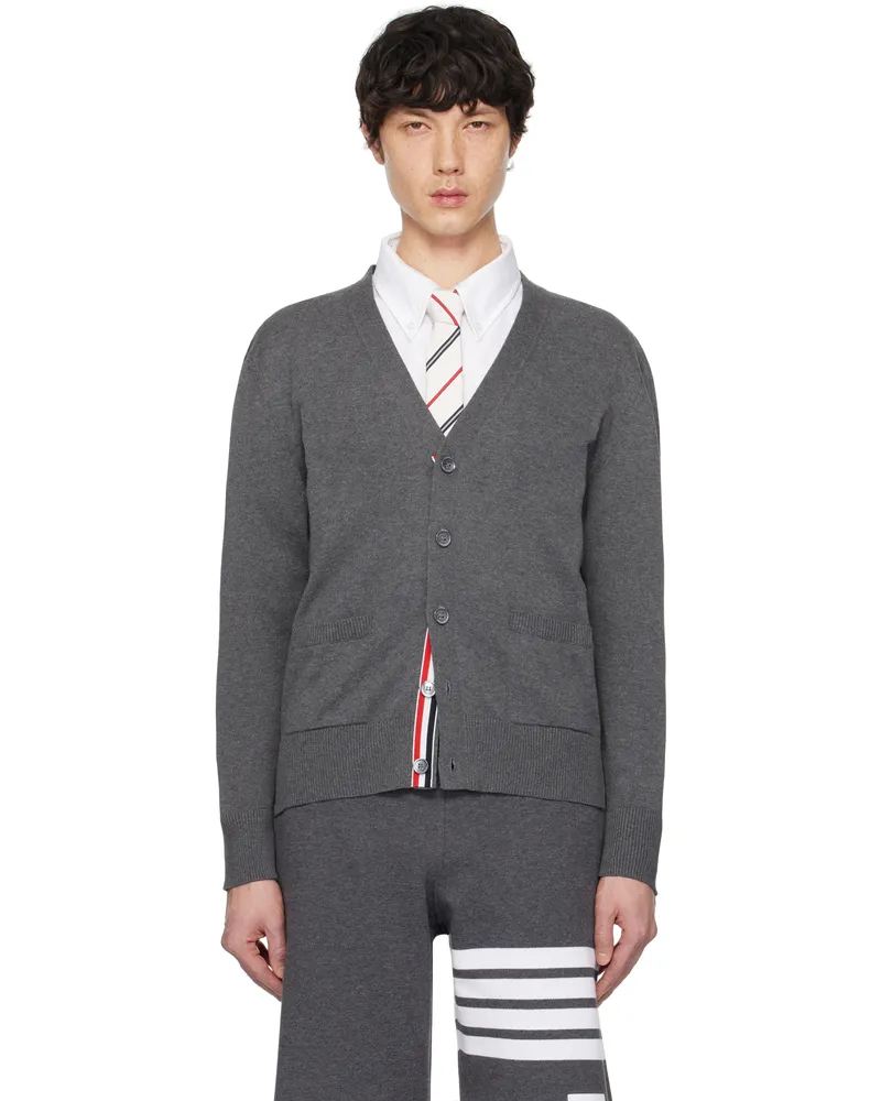 Thom Browne Gray Jersey Stitch Relaxed Fit V Neck Cardigan 035