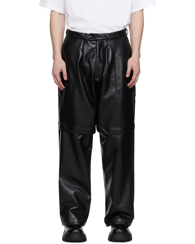LOWNN Black Zip Panel Leather Pants Black