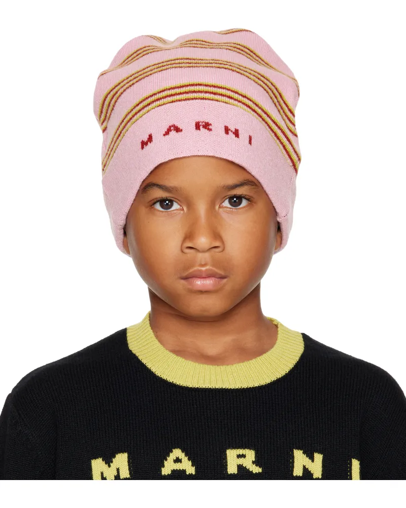 Marni Kids Pink Knit Wool Mix Stripes Beanie 0m345
