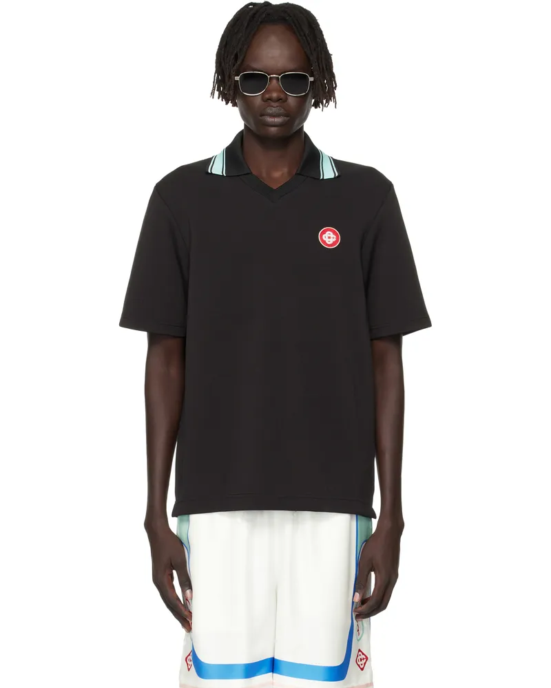 Casablanca Paris Black Double V-Neck Short Sleeve Polo Black