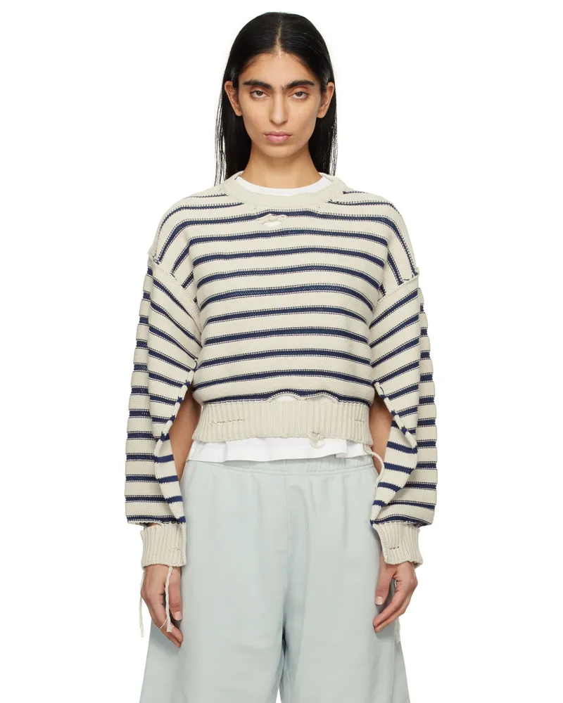Maison Margiela Off-White & Navy Striped Knit Sweater 962