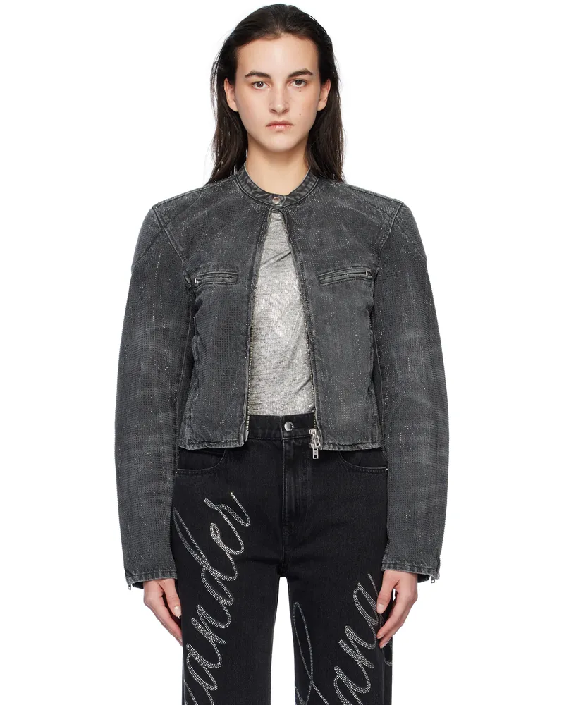 Alexander Wang Gray Crystal Hotfix Moto Denim Jacket 032a