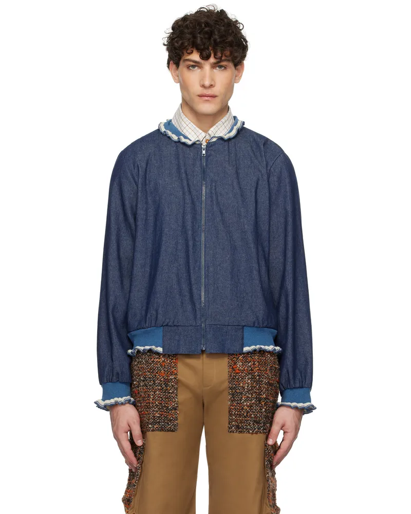 Anna Sui Blue Baseball Denim Bomber Jacket Denim