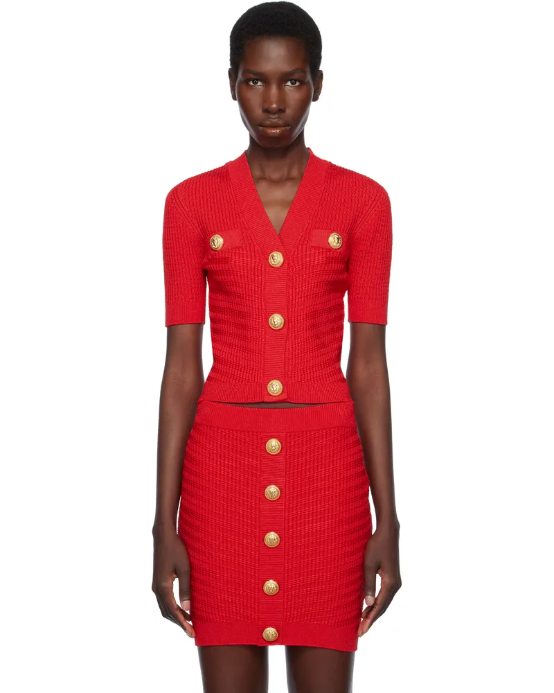 Balmain Red Buttoned Knit Cropped Cardigan 3kb