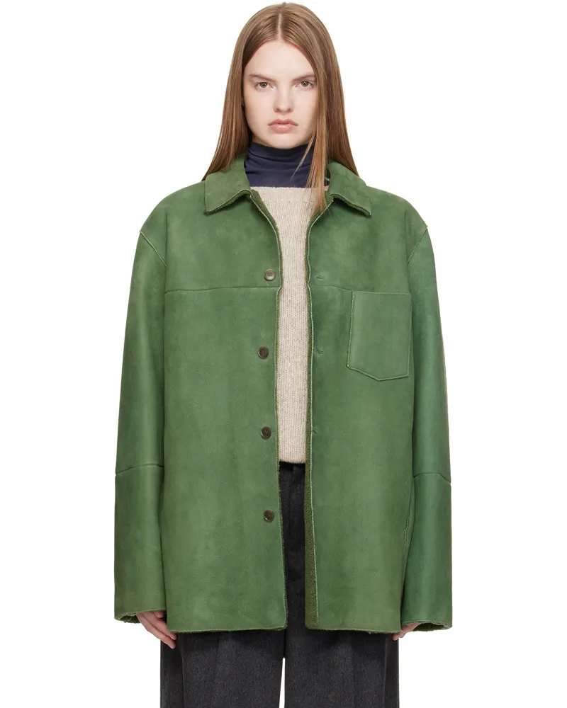 AURALEE Green Merino Mouton Shearling Shirt Jacket Dusty