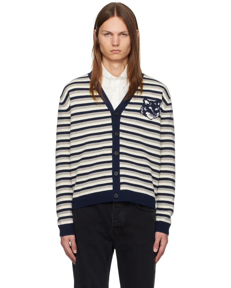 Kitsuné Navy Fox Head Intarsia Striped Cardigan B481