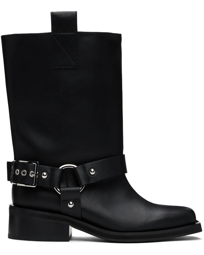 Ganni Black Mid Shaft Biker Boots Black