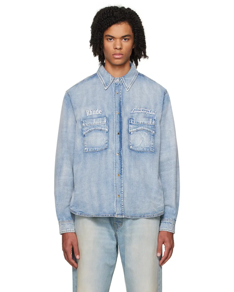 RHUDE Blue Automobili Lamborghini Edition Denim Shirt Indigo