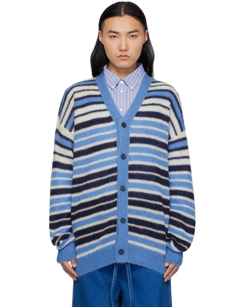 Marni Blue & Black Lightweight Fuzzy Wuzzy Stripe Cardigan Stb26