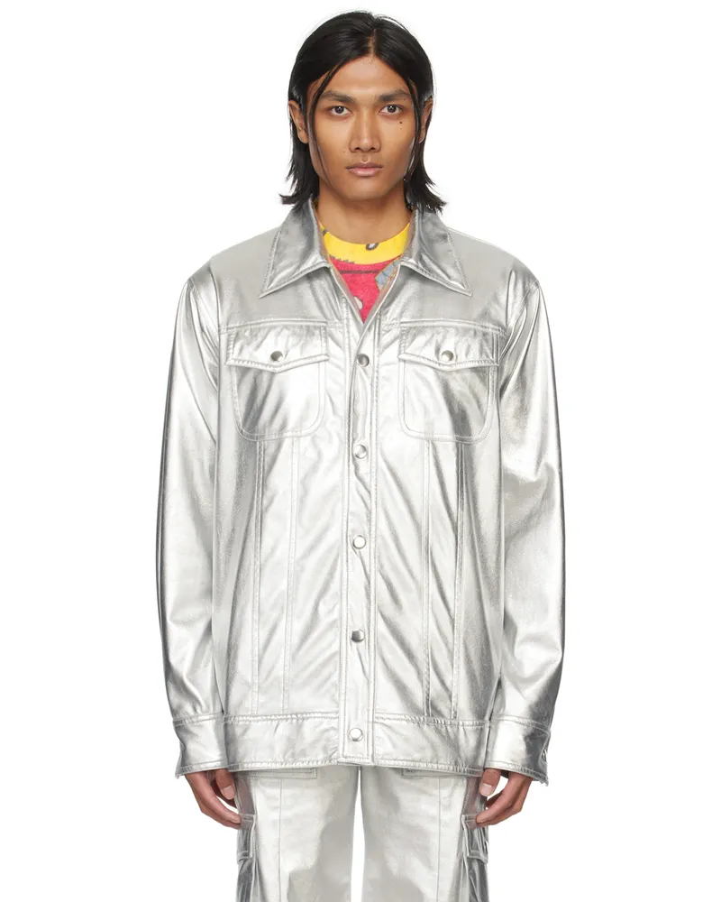 Anna Sui Silver Buttoned Faux-Leather Jacket Silver