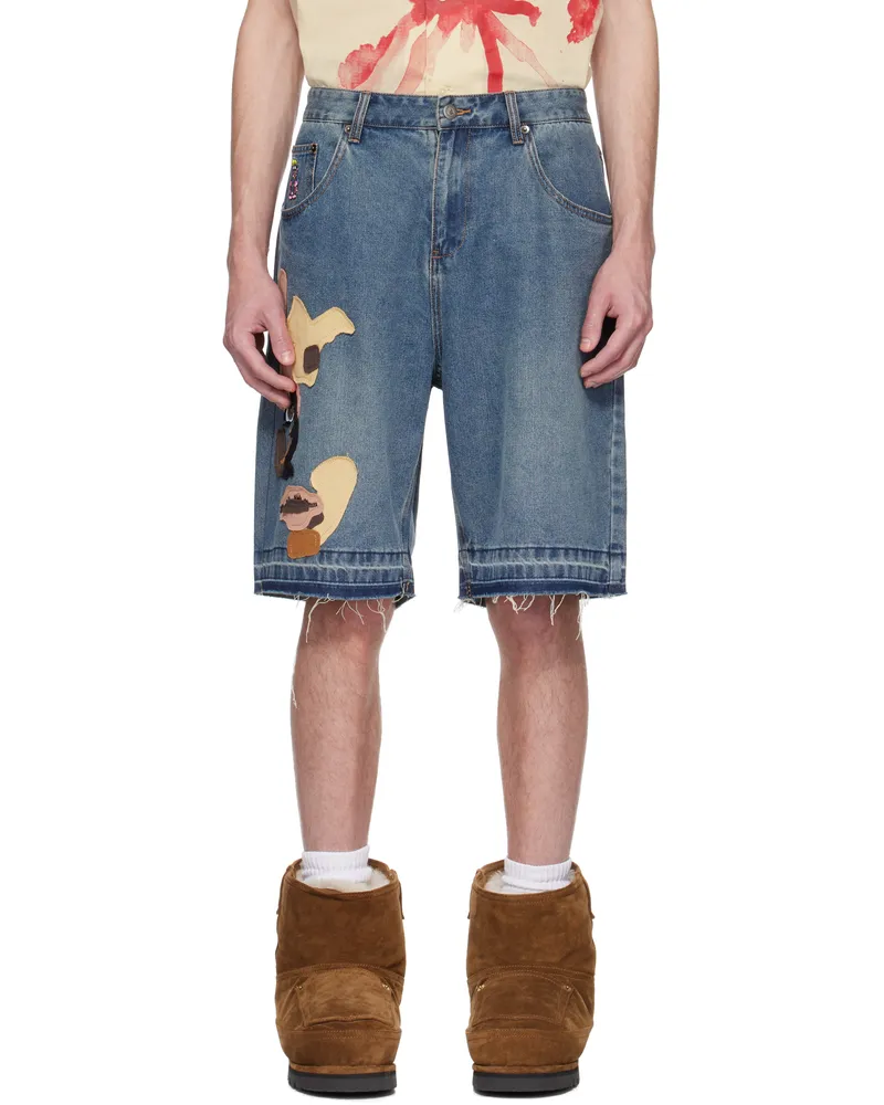 KidSuper Blue Face Patchwork Baggy Denim Short Light