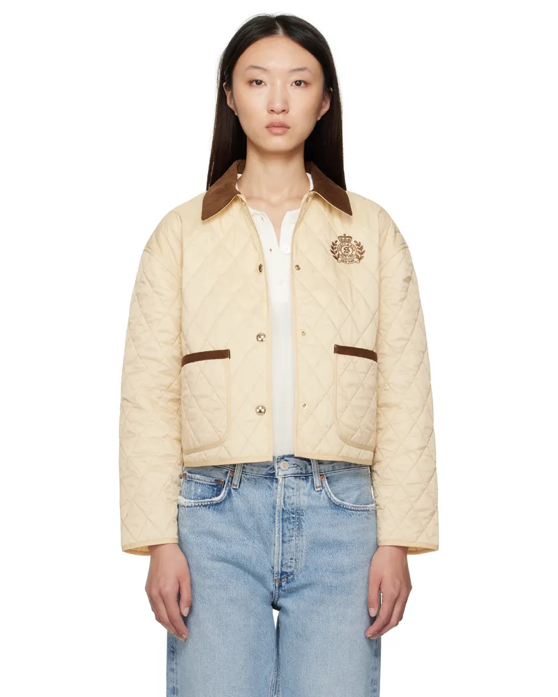 SPORTY & RICH Beige H&W Crest Nylon Cropped Quilted Jacket 49