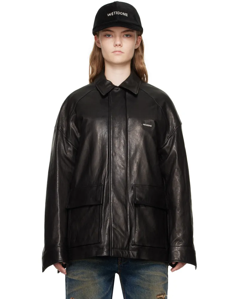 WE 11 DONE Black Padded Leather Jacket Black