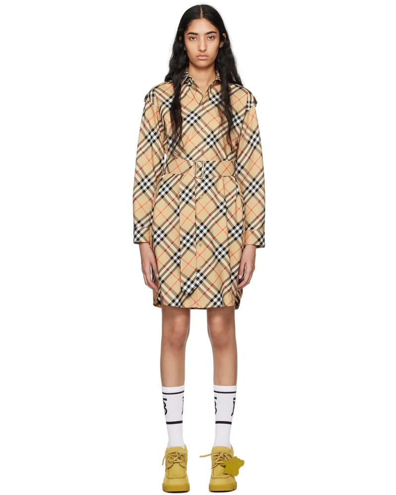 Burberry Beige Check Shirt Midi Dress B9368