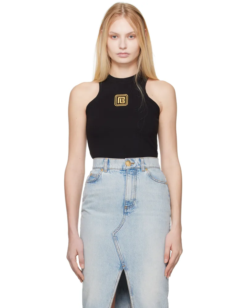 Balmain Black Retro 'PB' Embroidery Tank Top Ead