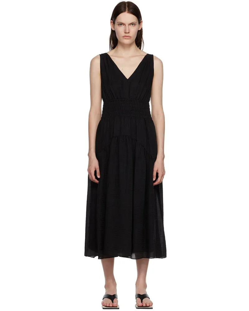 Vince Black Smocked Midi Dress Black