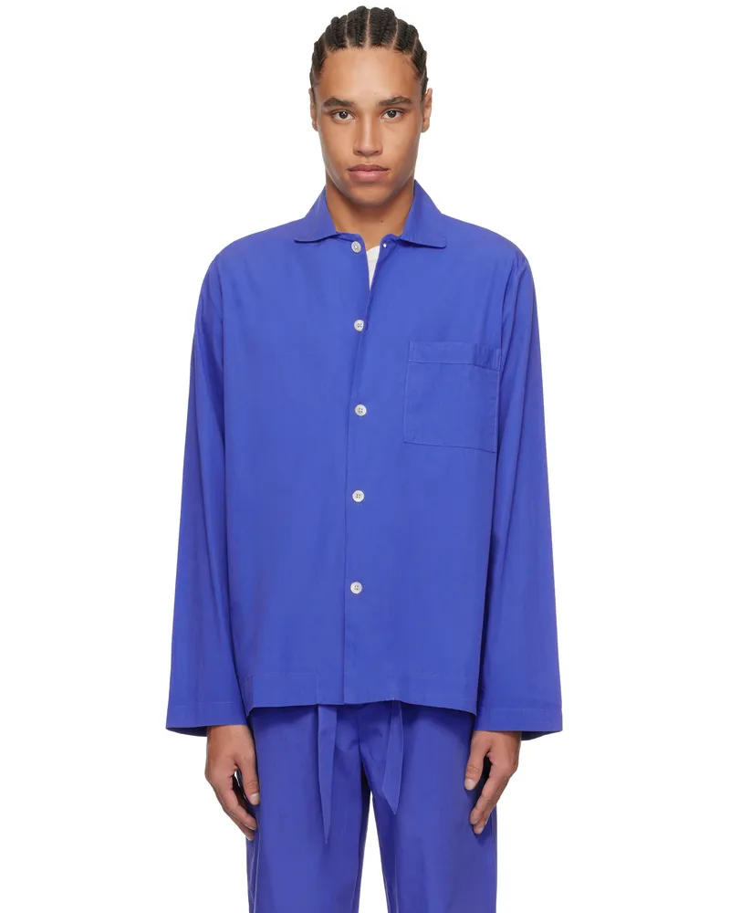 TEKLA Blue Poplin Long-Sleeved Pyjama Shirt Royal