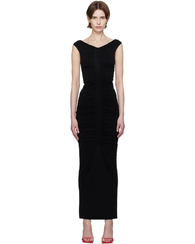 Alexander Wang Black Ruched Wide V-Neck Maxi Dress Black