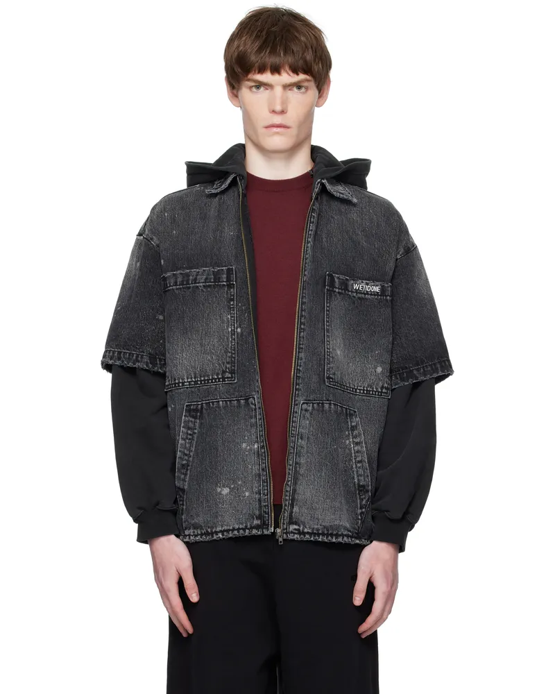 WE 11 DONE Black Faded Layered Hoodie Denim Jacket Black