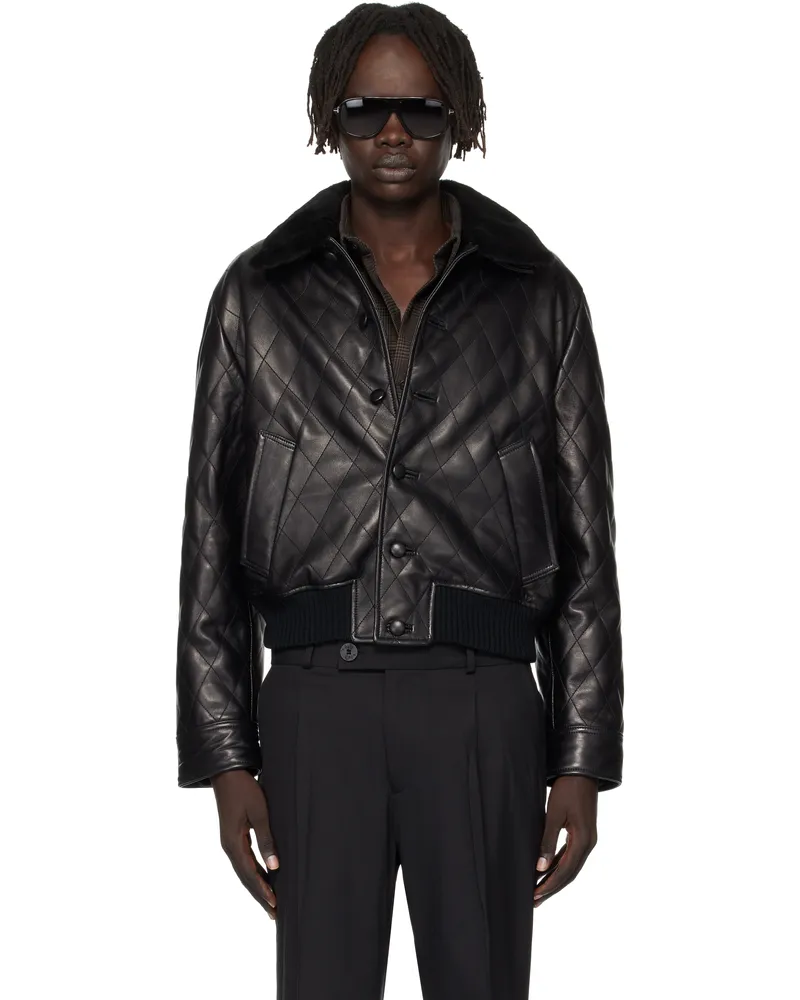 Ernest W. Baker Black Quilted Leather Bomber Jacket Black