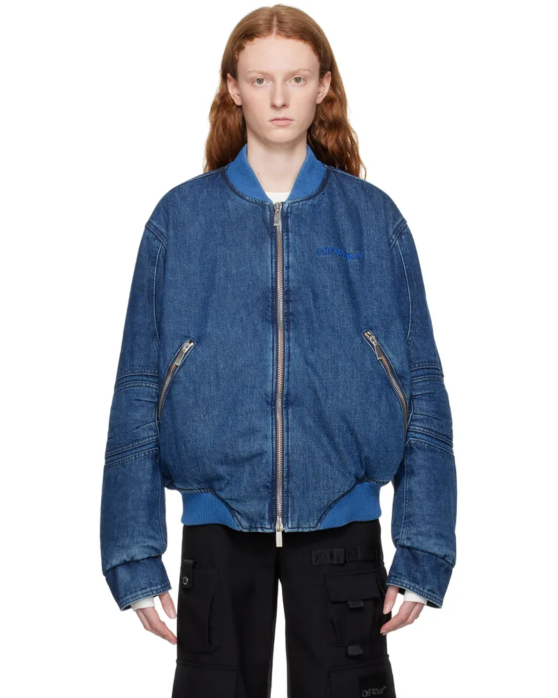 OFF-WHITE Blue Paneled Denim Bomber Jacket Blue