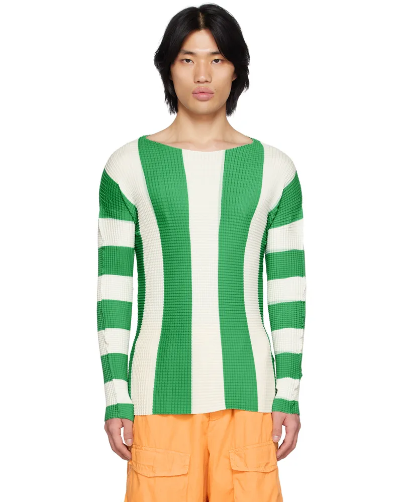 SUNNEI Green & White Pleated Stripe T-Shirt Off