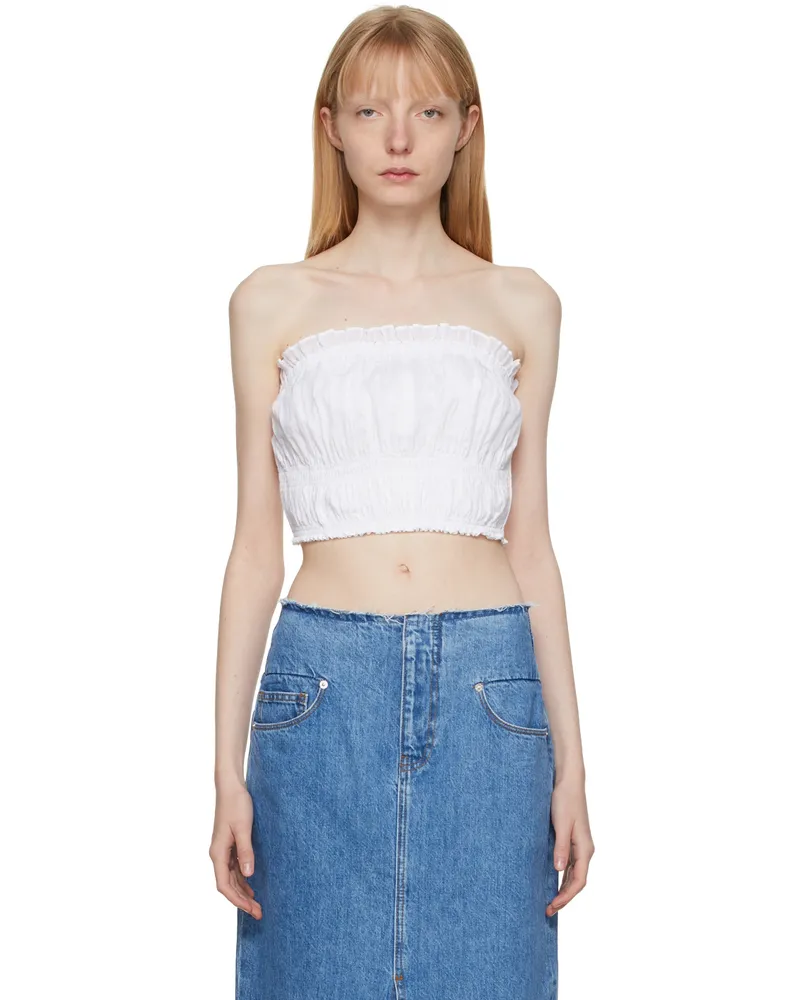 Frame Denim White Smocked Strapless Tank Top Blanc