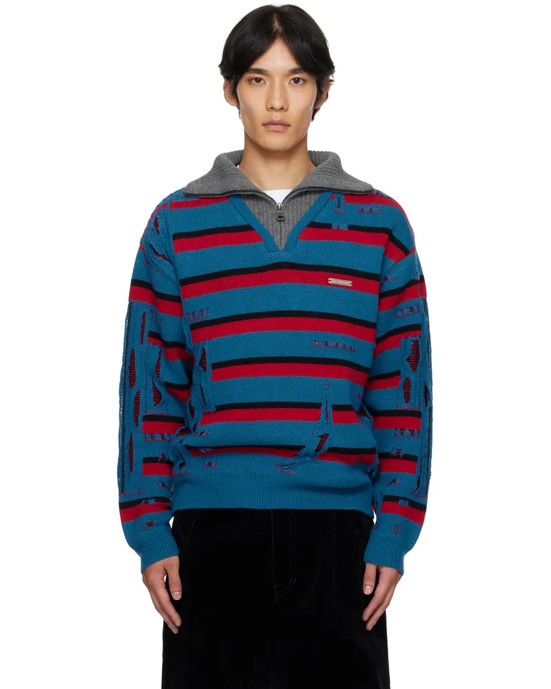 Andersson Bell Blue & Red Stripe Jacquard Half Zip Sweater Mul