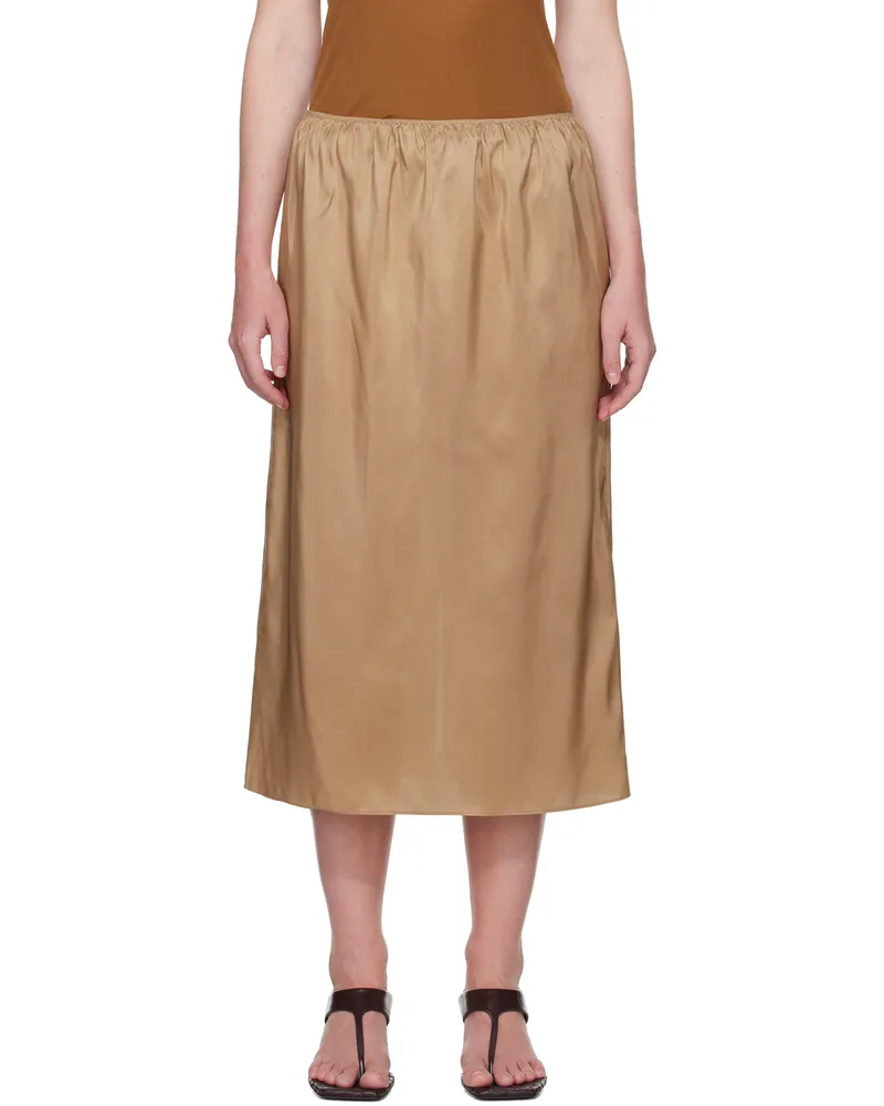 Carven Beige Pull-On Silk Toile Midi Skirt Fawn