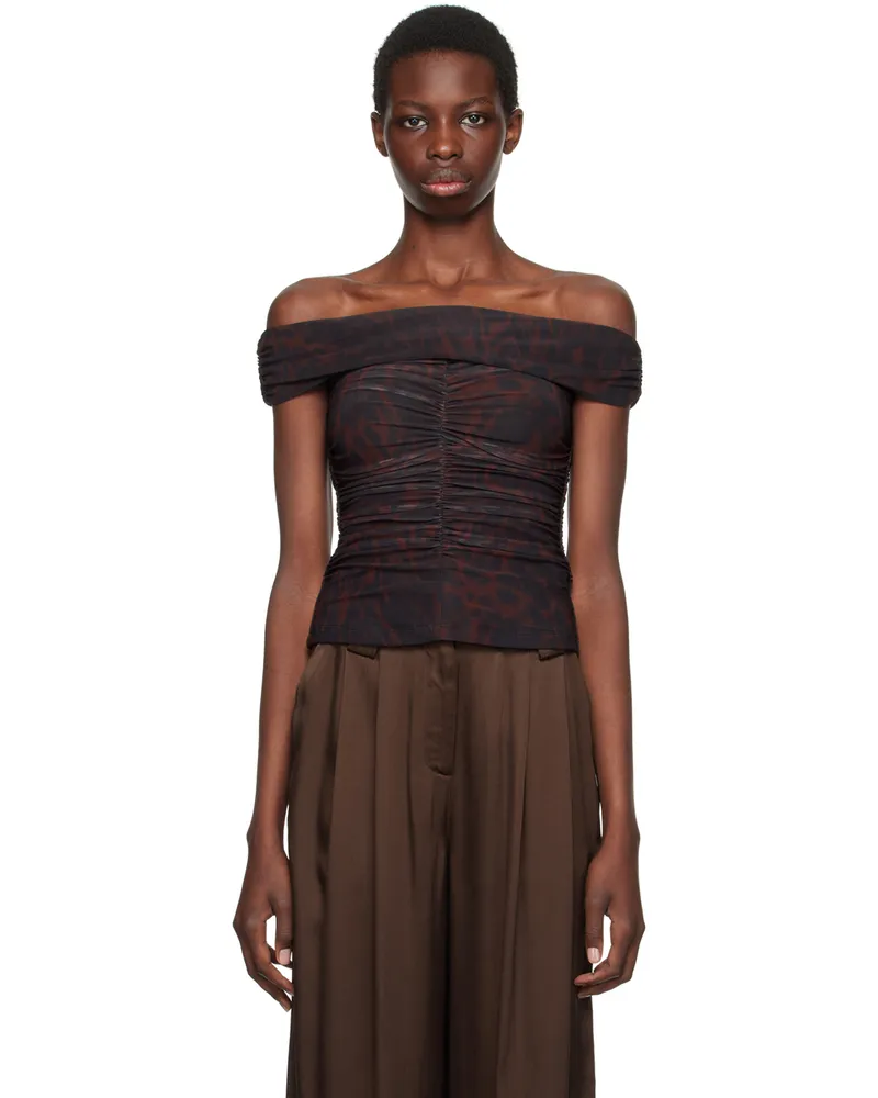 Ganni Brown Off-Shoulder Ruched Tank Top 936